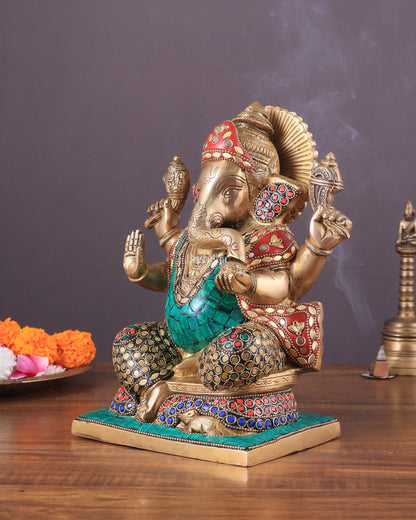 Pure Brass Ganesha Statue with Meenakari Work 10"