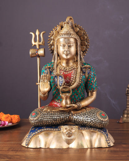 Lord Shiva Pure Brass Statue with Meenakari Stonework - 17"