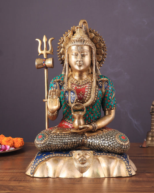 Lord Shiva Pure Brass Statue with Meenakari Stonework - 17"