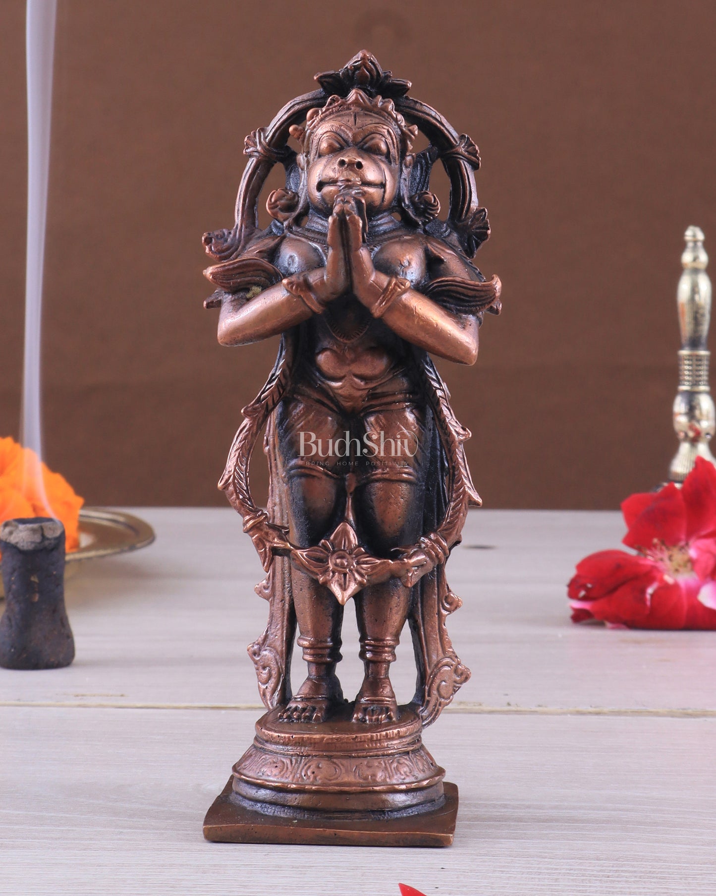 Pure Copper Anjaneya Standing Lord Hanuman in Anjali Namaskar Mudra 6"