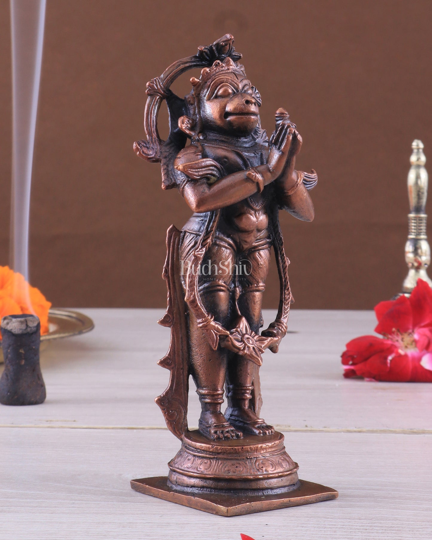 Pure Copper Anjaneya Standing Lord Hanuman in Anjali Namaskar Mudra 6"