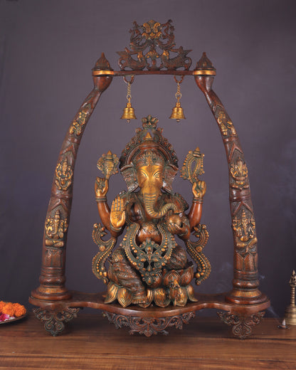 Majestic Brass Vintage Lord Ganesha Sculpture with Engraved Pillars - 35 Inch