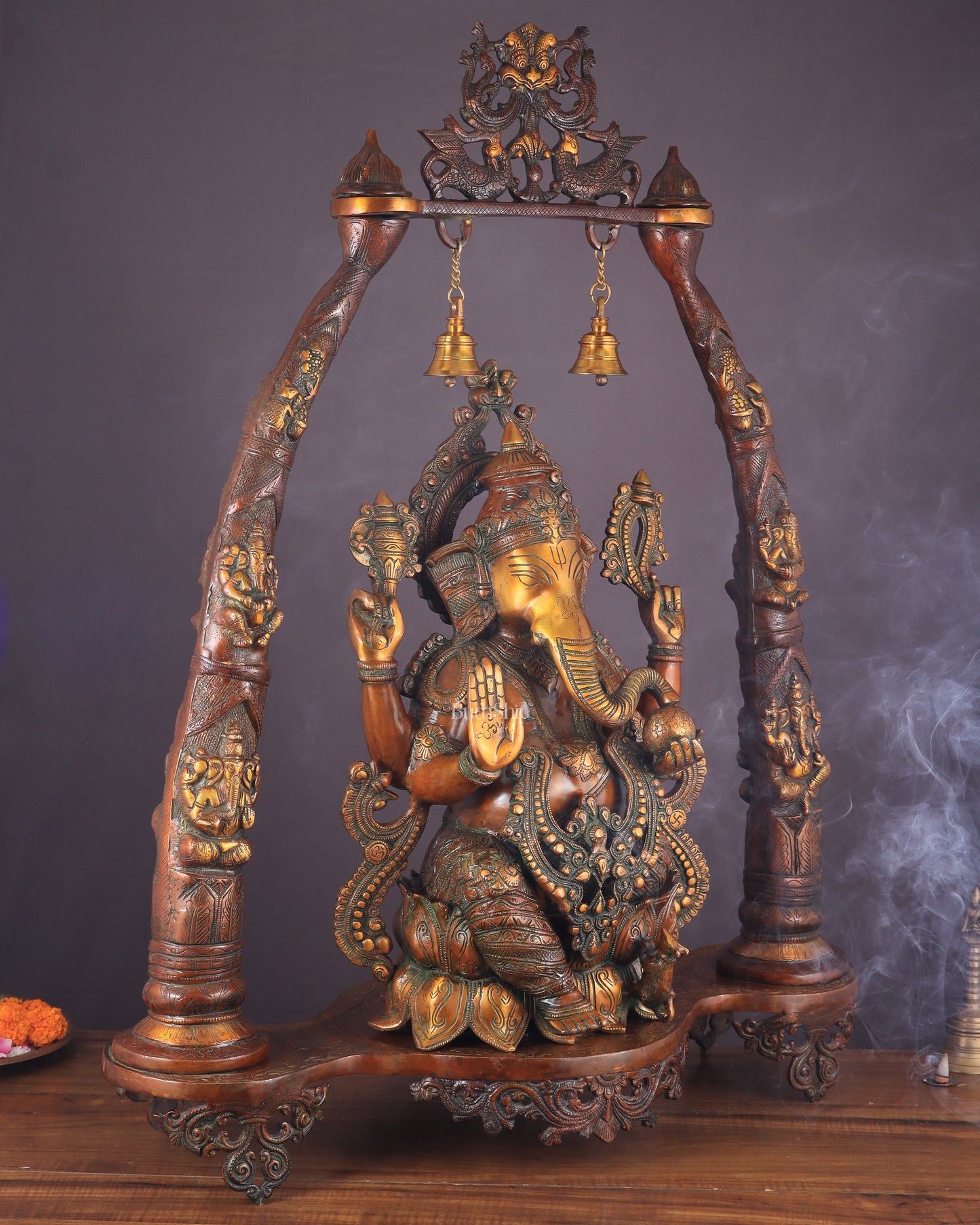 Majestic Brass Vintage Lord Ganesha Sculpture with Engraved Pillars - 35 Inch