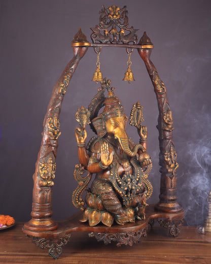 Majestic Brass Vintage Lord Ganesha Sculpture with Engraved Pillars - 35 Inch