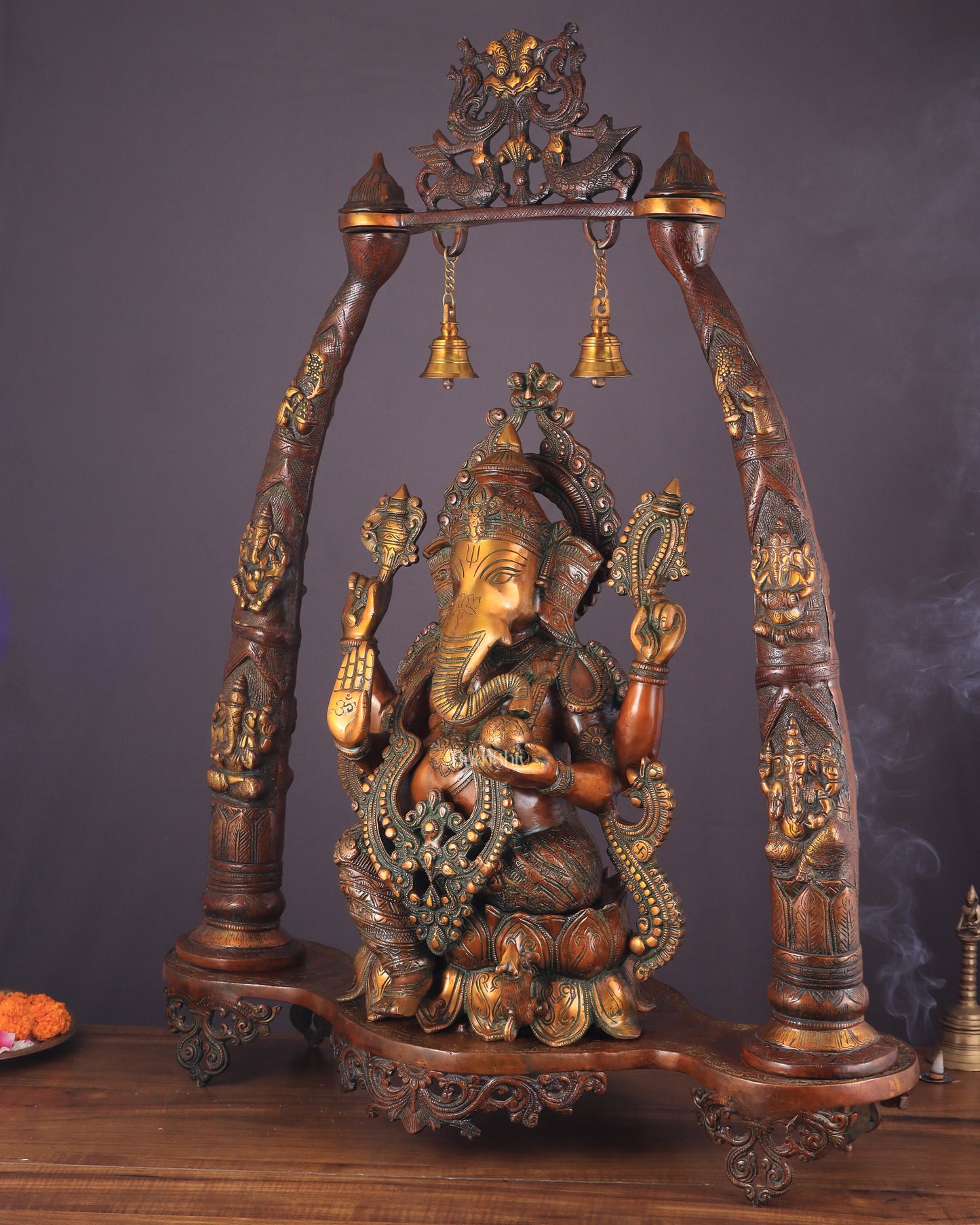 Majestic Brass Vintage Lord Ganesha Sculpture with Engraved Pillars - 35 Inch