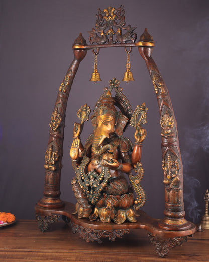 Majestic Brass Vintage Lord Ganesha Sculpture with Engraved Pillars - 35 Inch