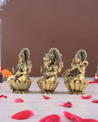 Brass Superfine Ganesh Lakshmi Saraswati Idols - 4 Inch lotus base golden tone