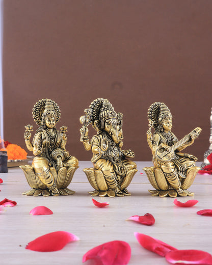 Brass Superfine Ganesh Lakshmi Saraswati Idols - 4 Inch lotus base golden tone