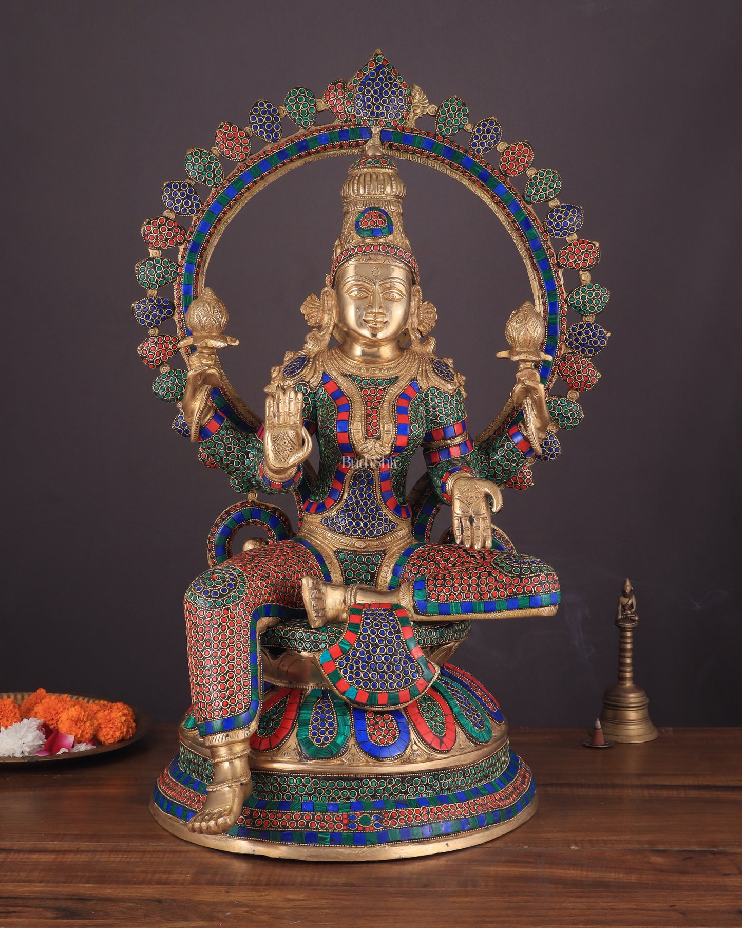 Pure Brass Large Lakshmi Devi Statue with Meenakari Stonework – 27" Tall,