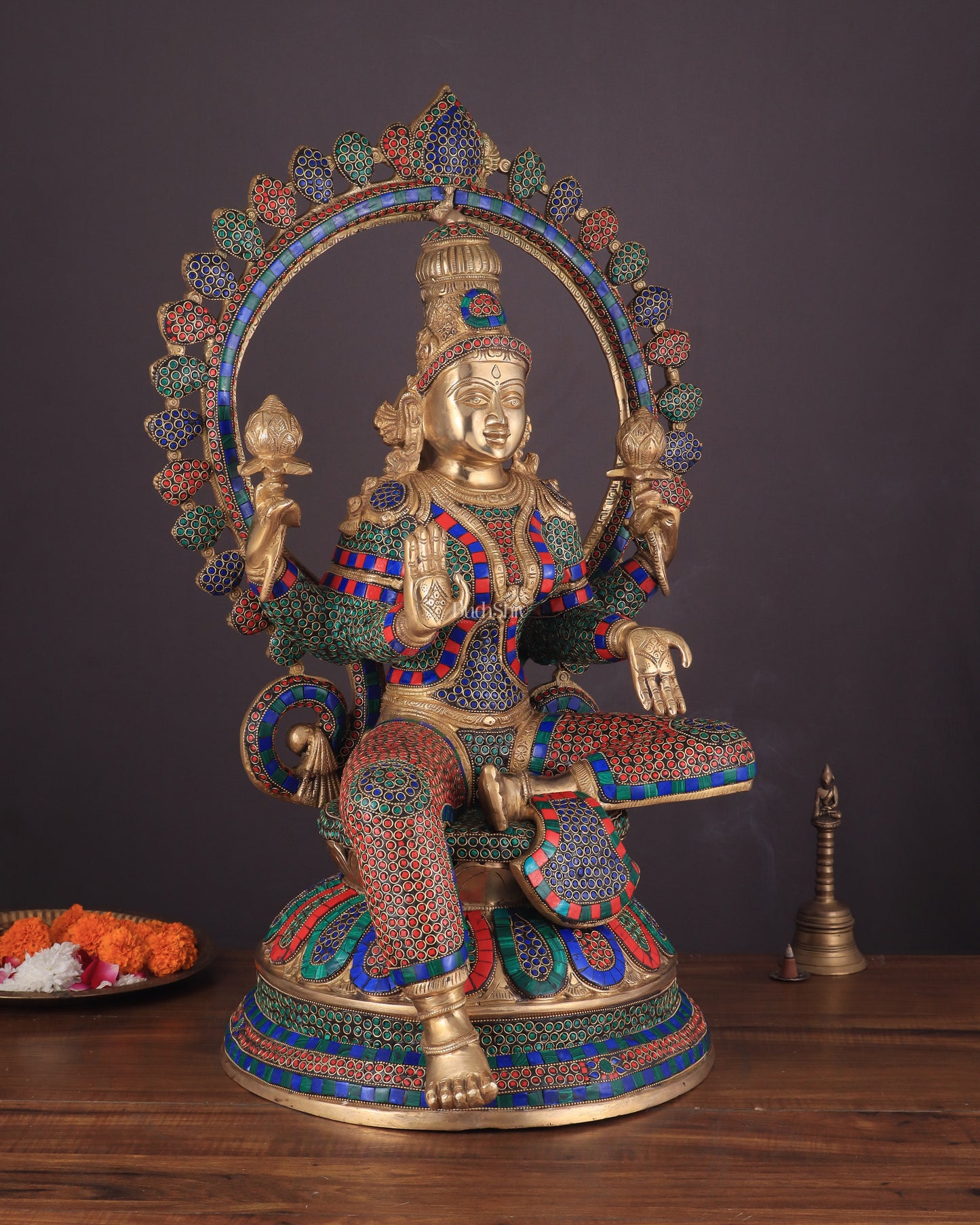 Pure Brass Large Lakshmi Devi Statue with Meenakari Stonework – 27" Tall,