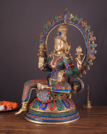 Pure Brass Large Lakshmi Devi Statue with Meenakari Stonework – 27" Tall,