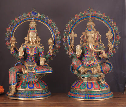 Pure Brass Ganesh Lakshmi Idol Pair with Meenakari Stonework – 27"