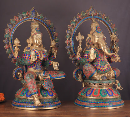 Pure Brass Ganesh Lakshmi Idol Pair with Meenakari Stonework – 27"