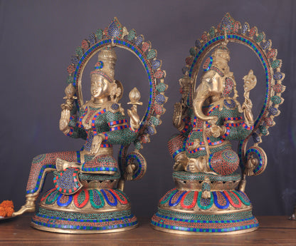 Pure Brass Ganesh Lakshmi Idol Pair with Meenakari Stonework – 27"