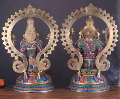 Pure Brass Ganesh Lakshmi Idol Pair with Meenakari Stonework – 27"