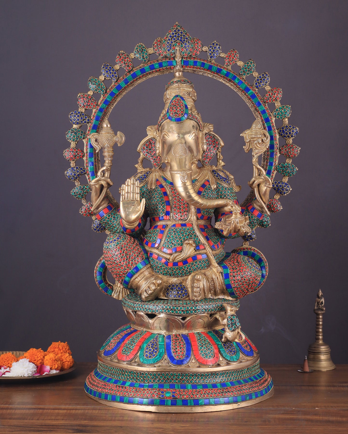 Pure Brass Large Ganesha Statue with Meenakari Stonework – 27" Tall