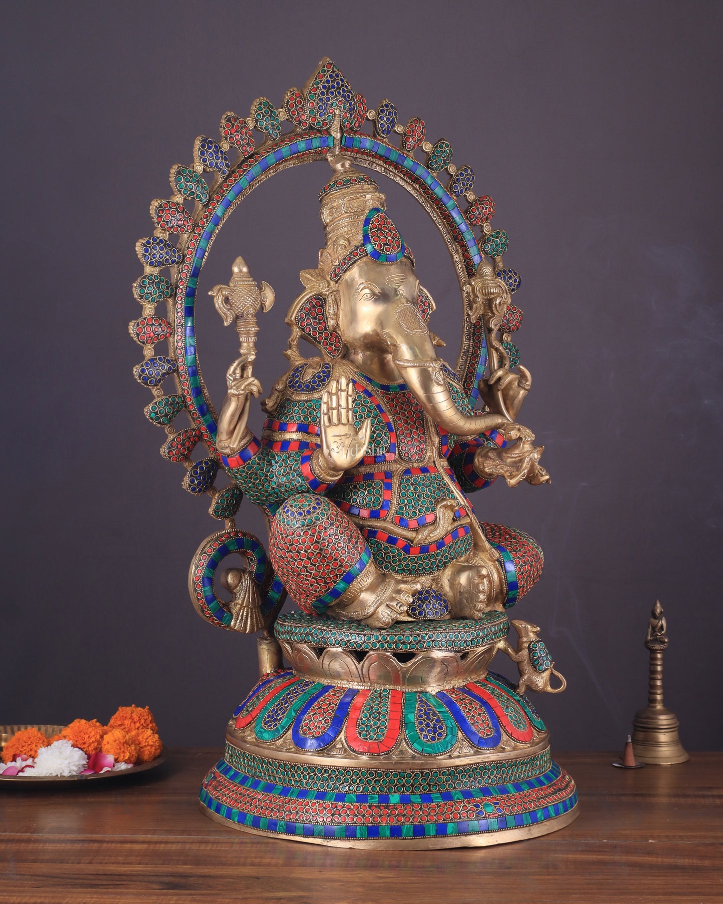 Pure Brass Large Ganesha Statue with Meenakari Stonework – 27" Tall