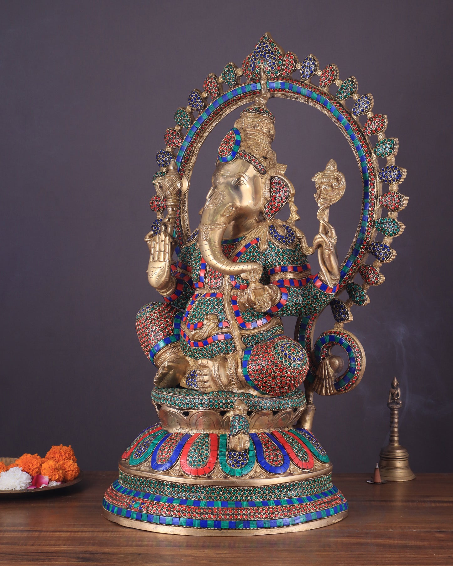 Pure Brass Large Ganesha Statue with Meenakari Stonework – 27" Tall