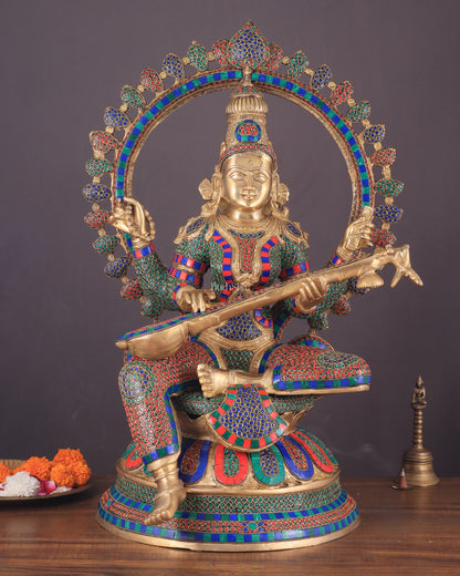 Pure Brass Large Saraswati Devi Statue with Meenakari Stonework – 27"