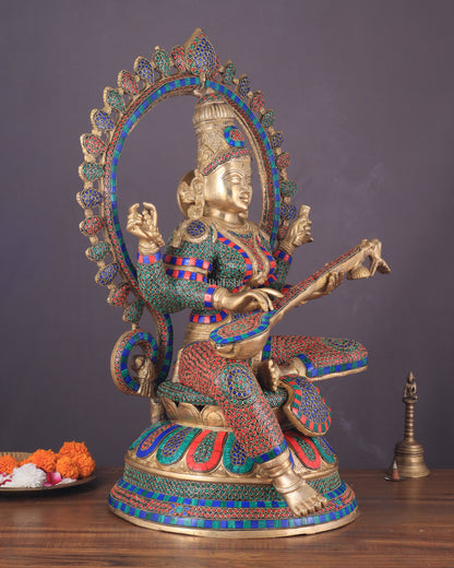 Pure Brass Large Saraswati Devi Statue with Meenakari Stonework – 27"