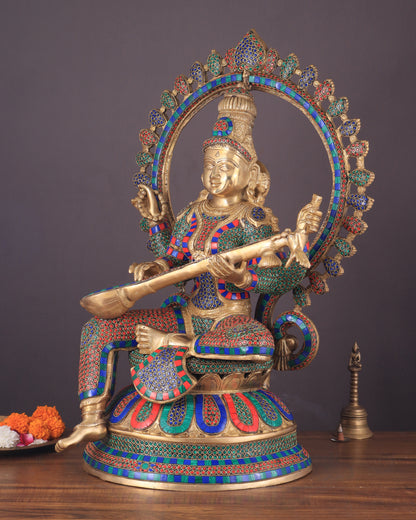 Pure Brass Large Saraswati Devi Statue with Meenakari Stonework – 27"