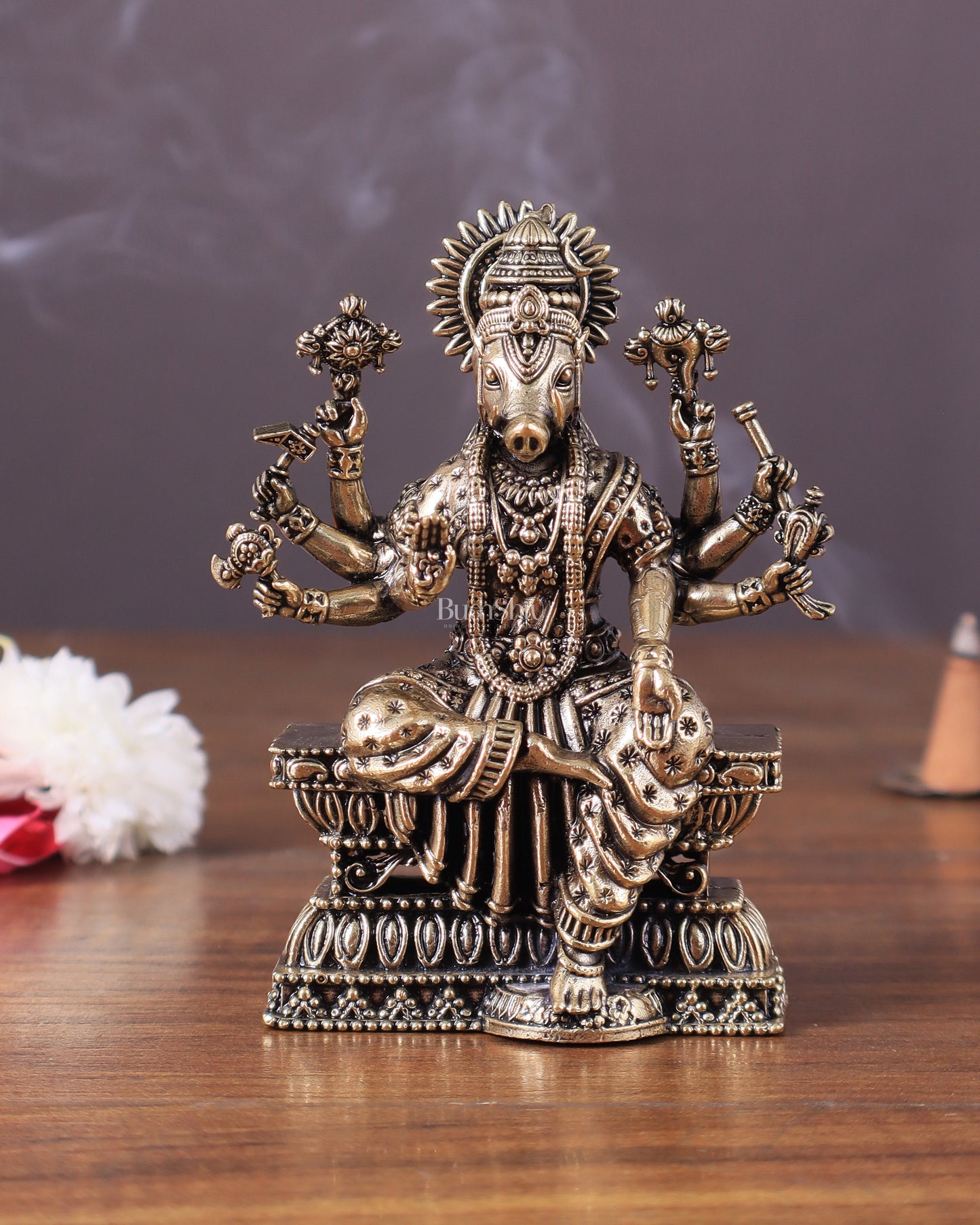 Intricate Hollow-Cast Goddess Varahi Superfine Brass Idol – 4" Tall