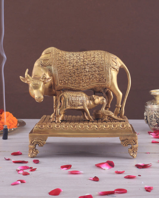 Brass Kamadhenu cow and calf idol| 10"