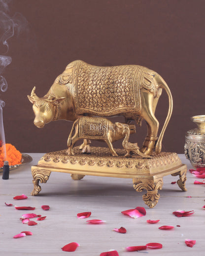 Brass Kamadhenu cow and calf idol| 10"