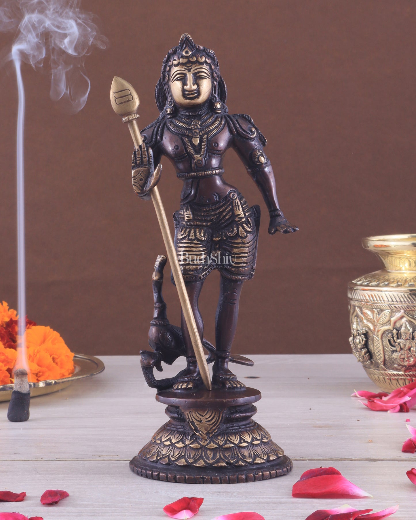 Pure Brass Lord Murugan Swamy Statue 10" brown and golden