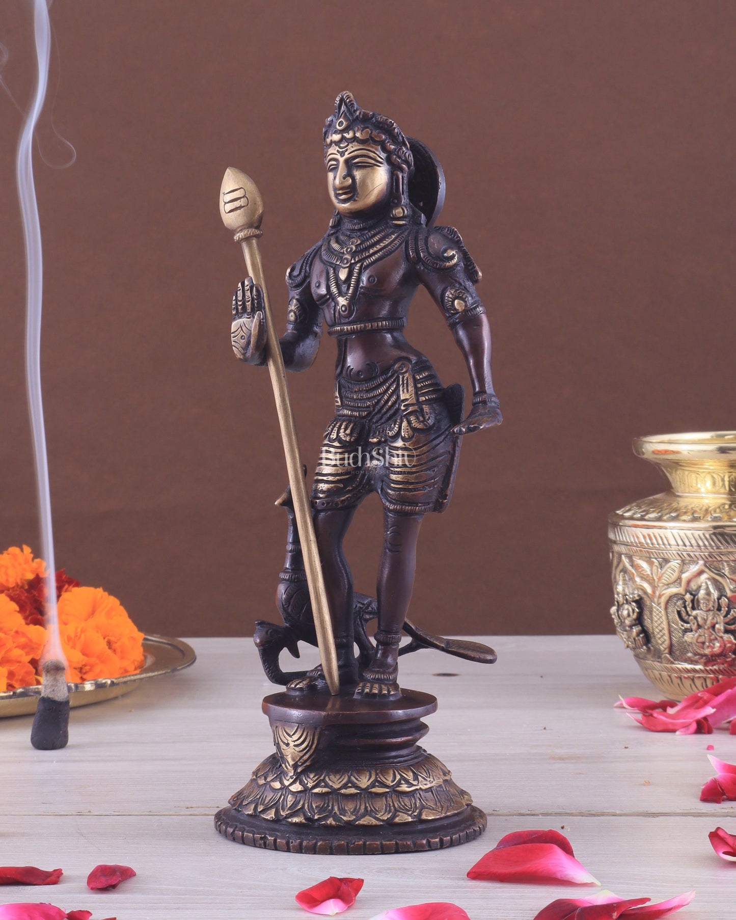 Pure Brass Lord Murugan Swamy Statue 10" brown and golden