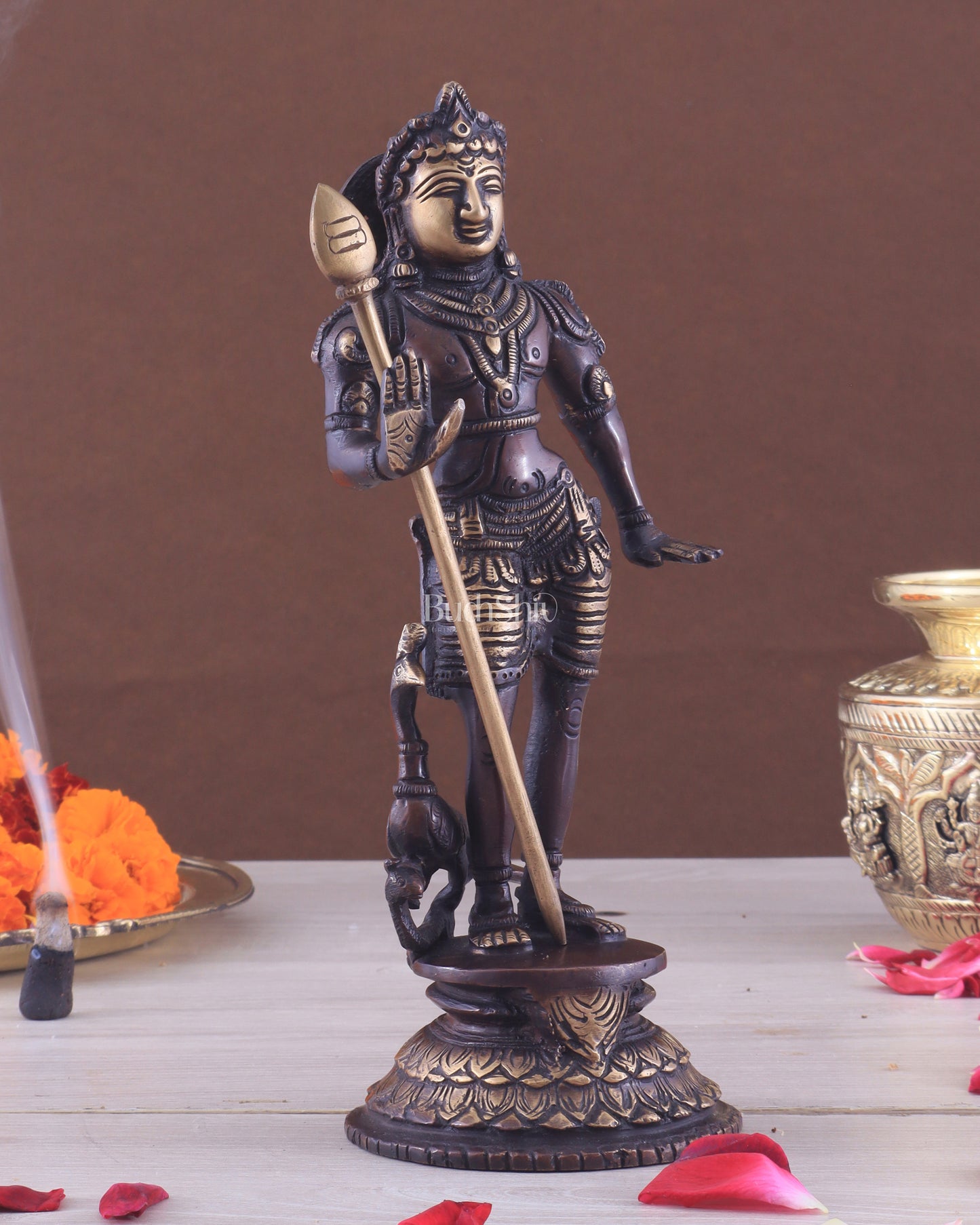 Pure Brass Lord Murugan Swamy Statue 10" brown and golden