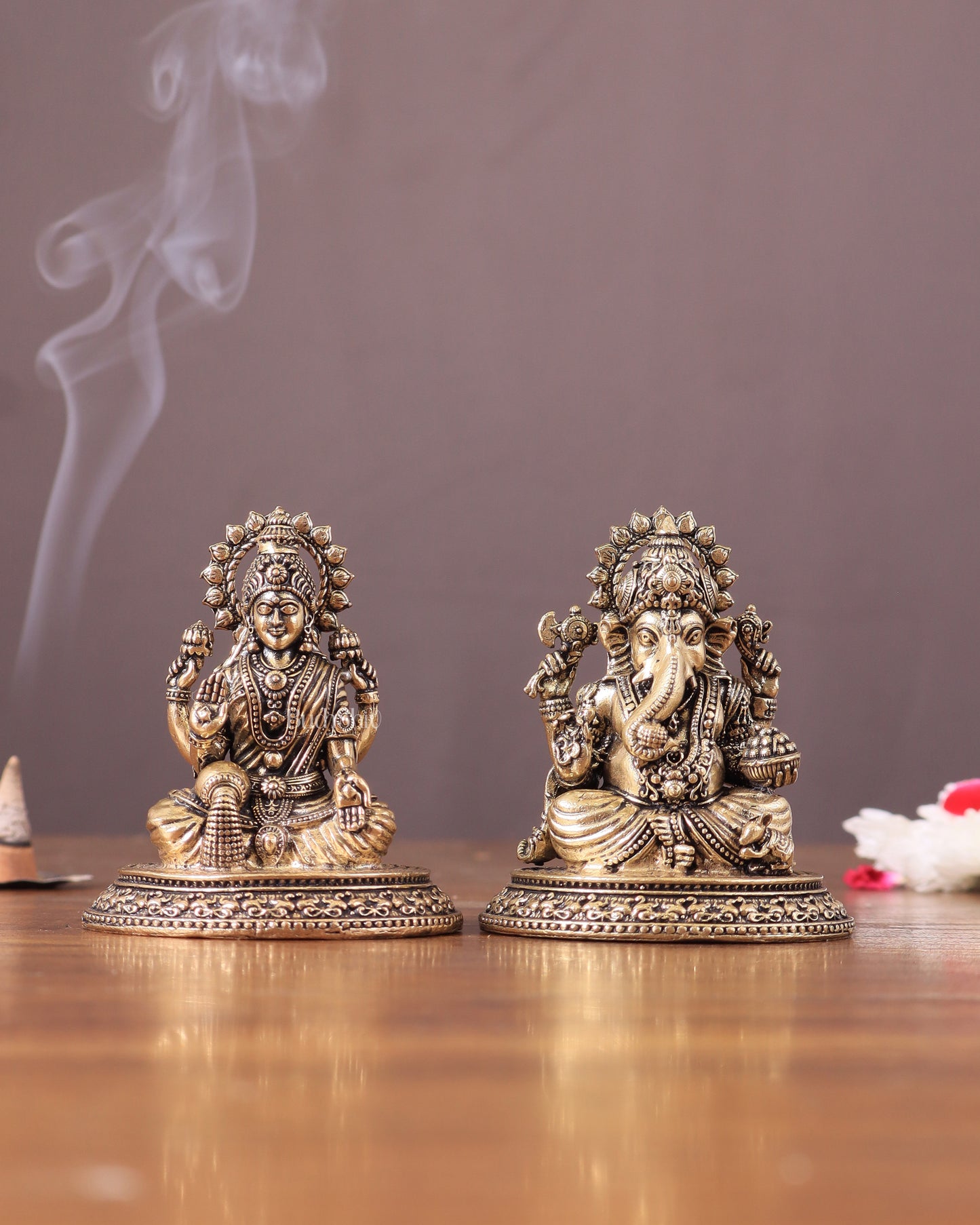 Pure Brass Ganesha-Lakshmi Idol Pair 3"