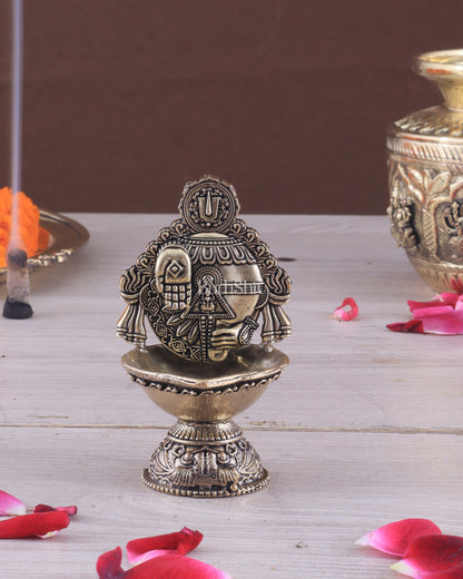 Pure Brass Intricately Carved Lord Venkateshwara Symbols Diya | 4 Inch (10.2 cm)