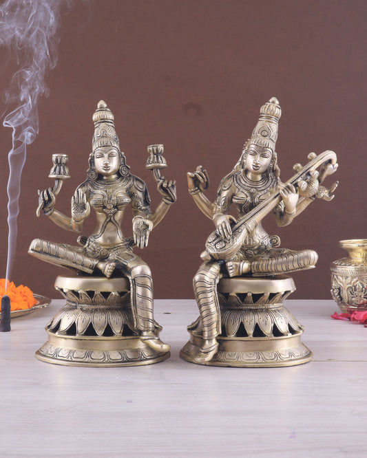 Vintage Brass Lakshmi and Saraswati Idol Pair - 12"