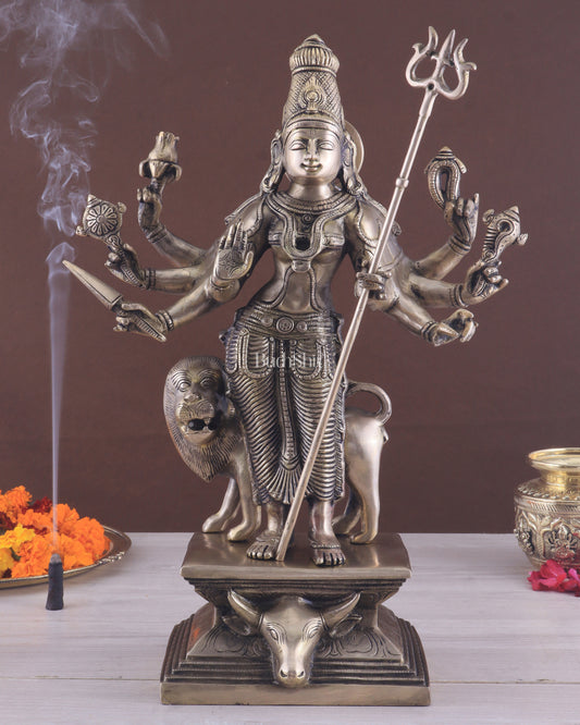 Standing Durga Brass idol with 8 arms and lion 18 inch