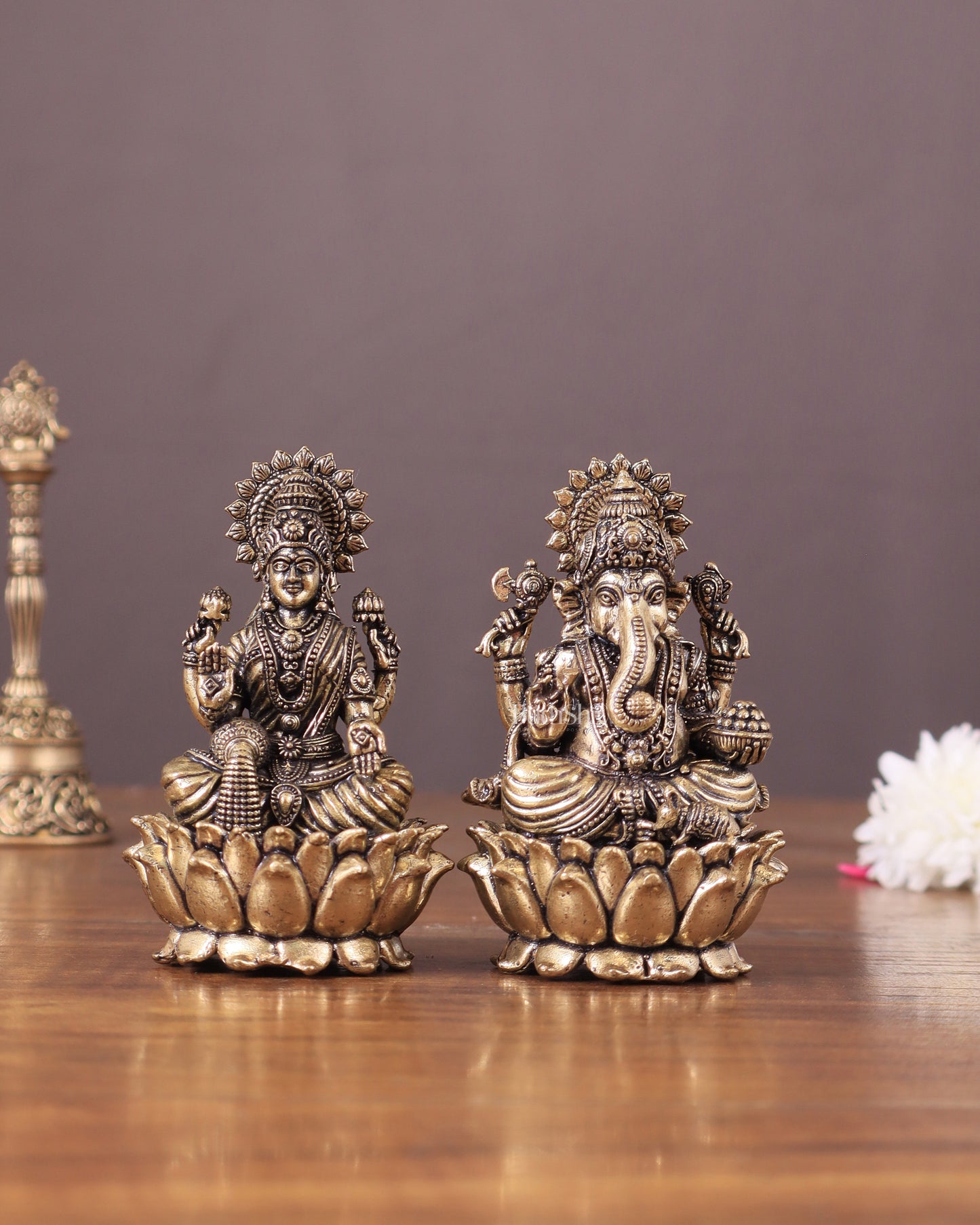 Pure Brass Intricate Superfine Ganesha-Lakshmi Idol Pair 3"