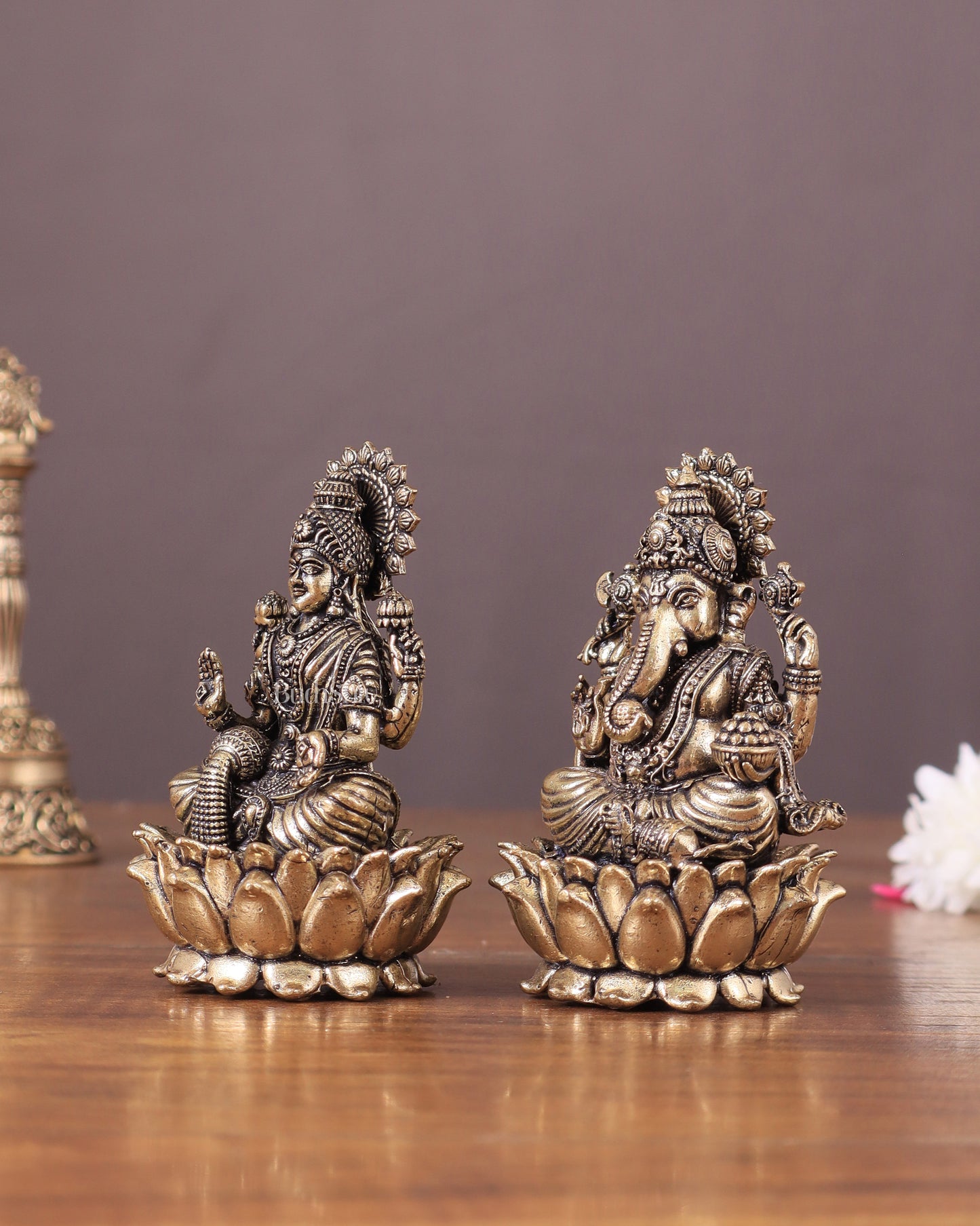 Pure Brass Intricate Superfine Ganesha-Lakshmi Idol Pair 3"