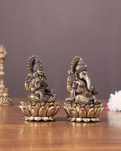 Pure Brass Intricate Superfine Ganesha-Lakshmi Idol Pair 3"