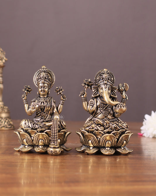 Pure Brass Unique Lord Ganesha and Goddess Lakshmi Idols 3"