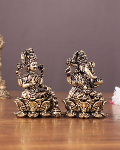 Pure Brass Unique Lord Ganesha and Goddess Lakshmi Idols 3"