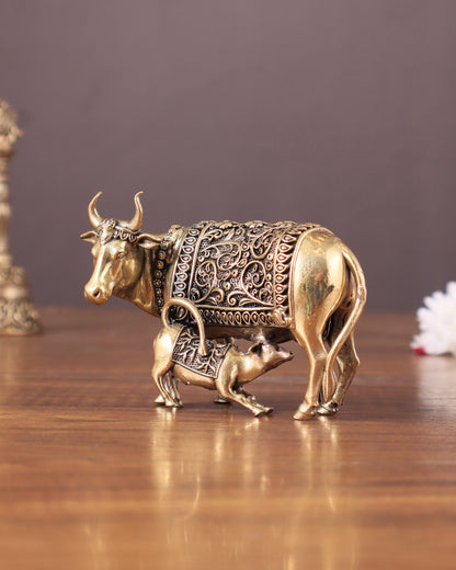 Pure Brass Kamdhenu Cow with Calf Idol - 3"