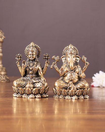 Brass Superfine Ganesha Lakshmi Idols - 3" Height | Intricate Lightweight Duo