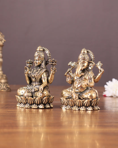 Brass Superfine Ganesha Lakshmi Idols - 3" Height | Intricate Lightweight Duo