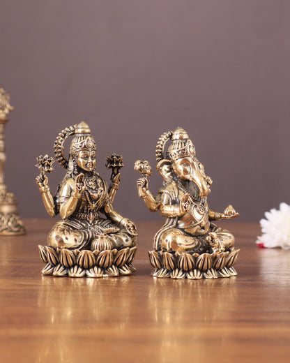 Brass Superfine Ganesha Lakshmi Idols - 3" Height | Intricate Lightweight Duo