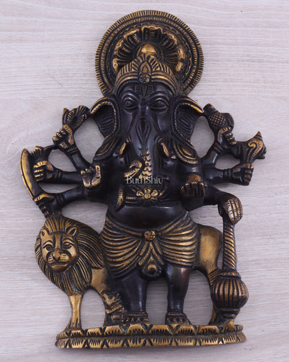 Pure Brass Standing Drishti Ganesha with Lion Wall Hanging 9" black finish