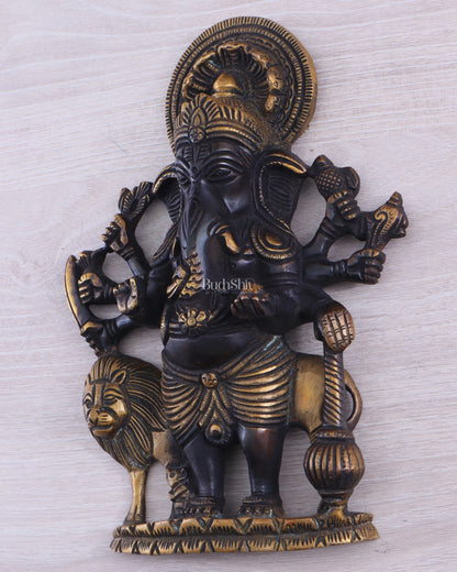 Pure Brass Standing Drishti Ganesha with Lion Wall Hanging 9" black finish