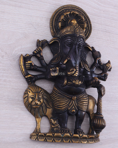 Pure Brass Standing Drishti Ganesha with Lion Wall Hanging 9" black finish