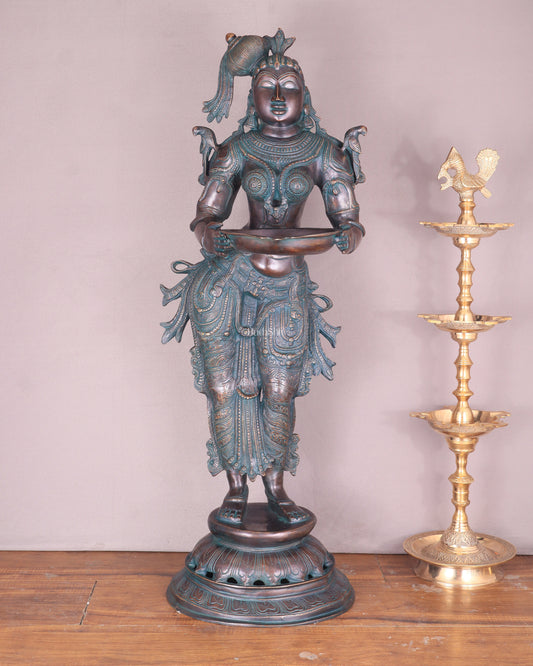 Pure Brass Deep Lady Vilakku with Vintage Green black Bronze Tone – 36" Traditional Lamp