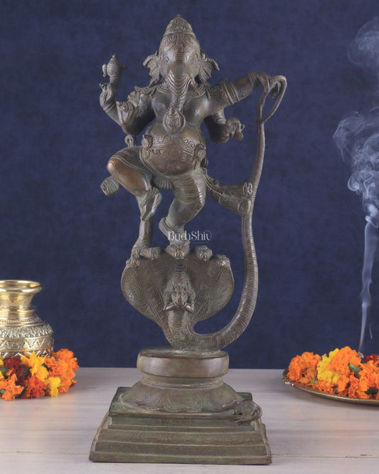 Brass Lord Ganesha dancing on snake 19 "