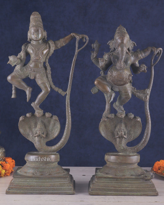 Brass Handcrafted Antique Bronze Finish Idols – Krishna and Ganesha Dancing on Vasuki Naag 20"